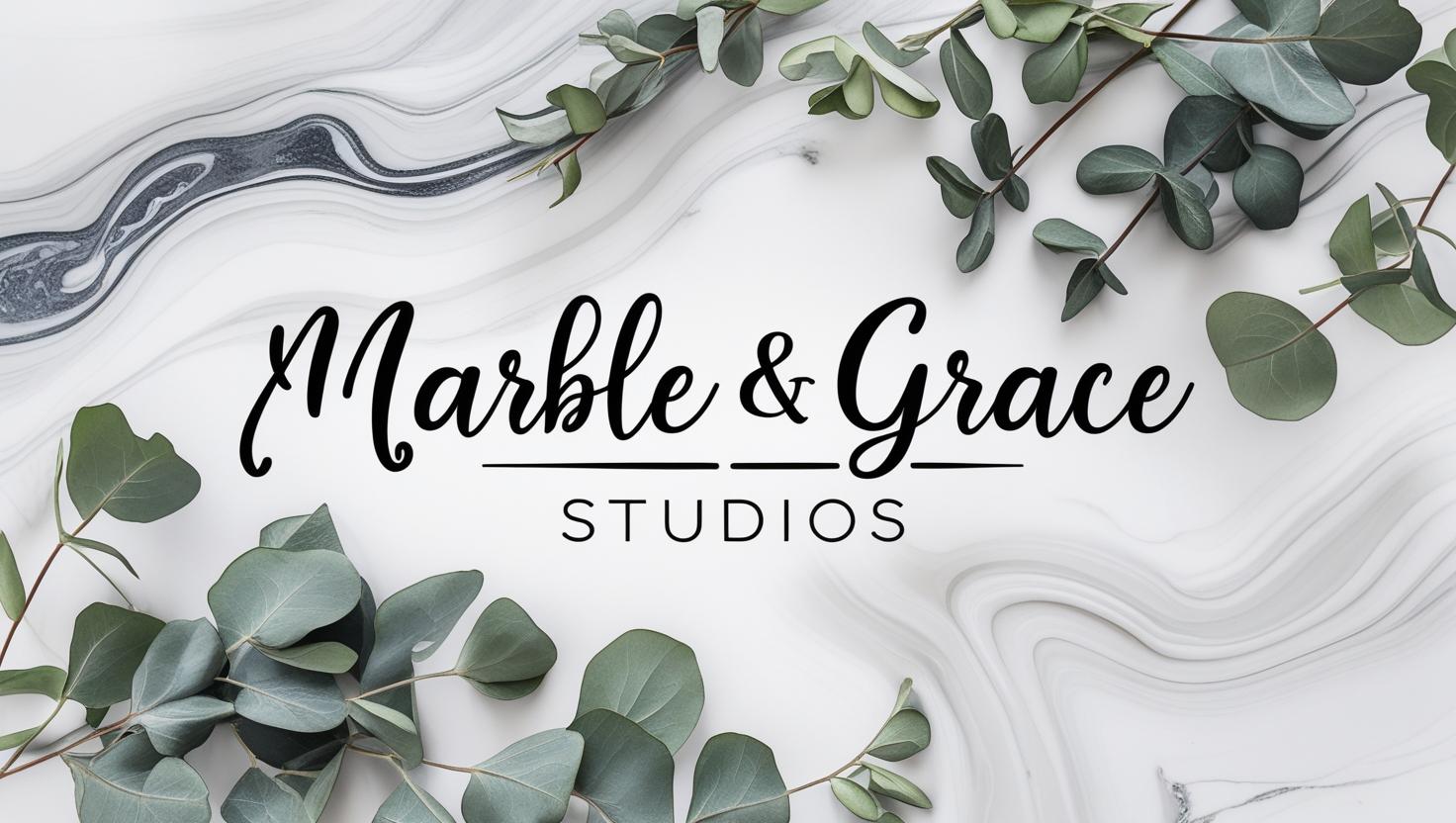 Marble & Grace Studios logo with green leaves on a marble background