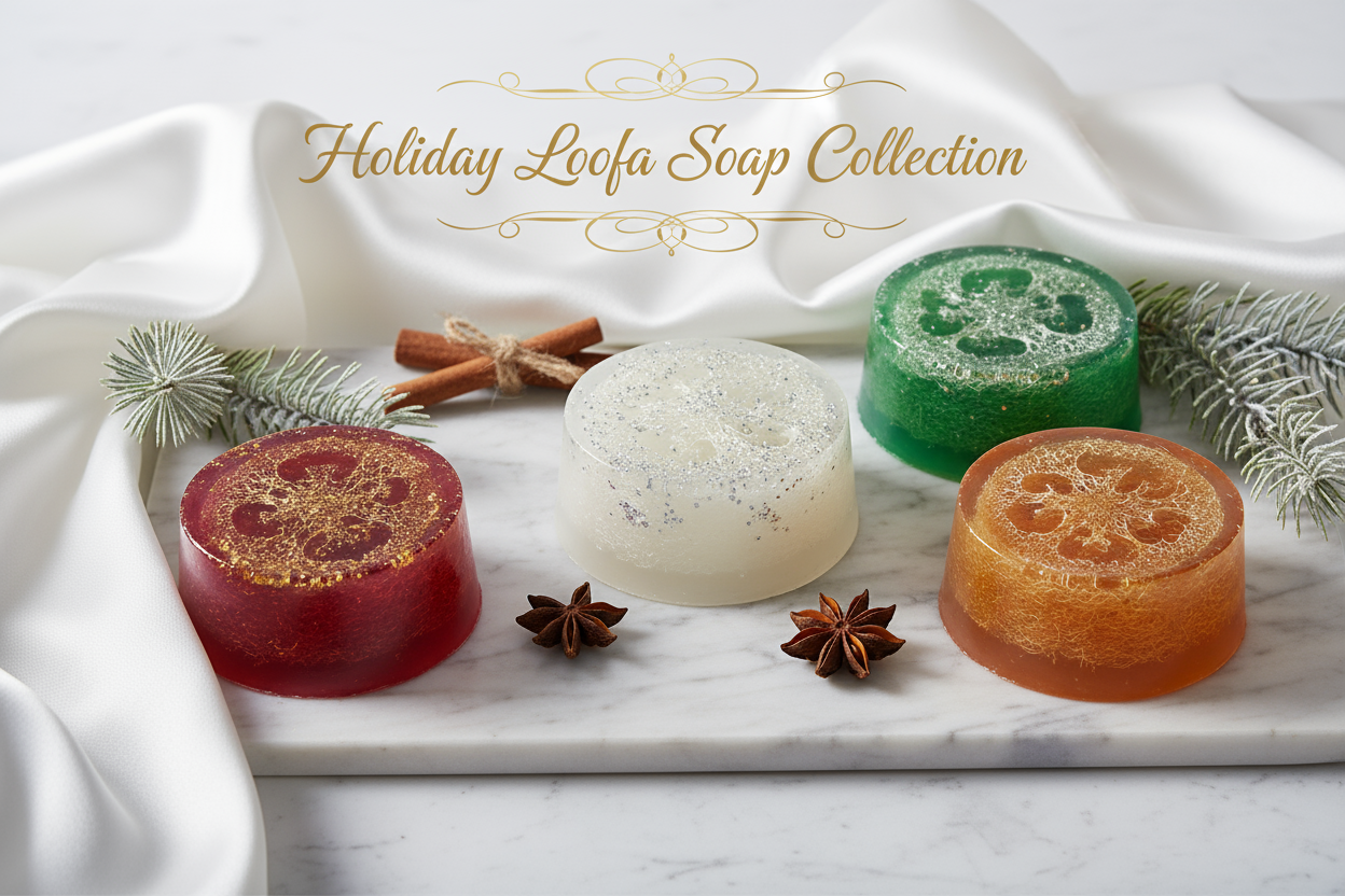 Add text that says "Holiday Loofah Soap Collection'