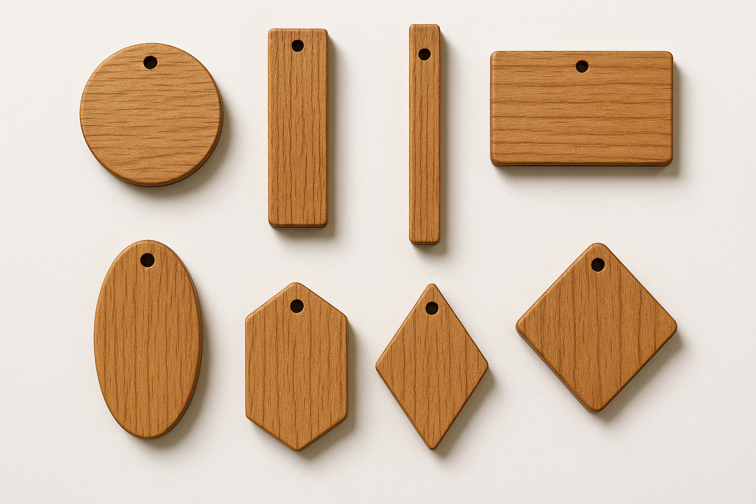 thick wooden keychain shape options for engraving circle. rectangle ( tall, narrow, wide), oval, hexagon, diamond, square